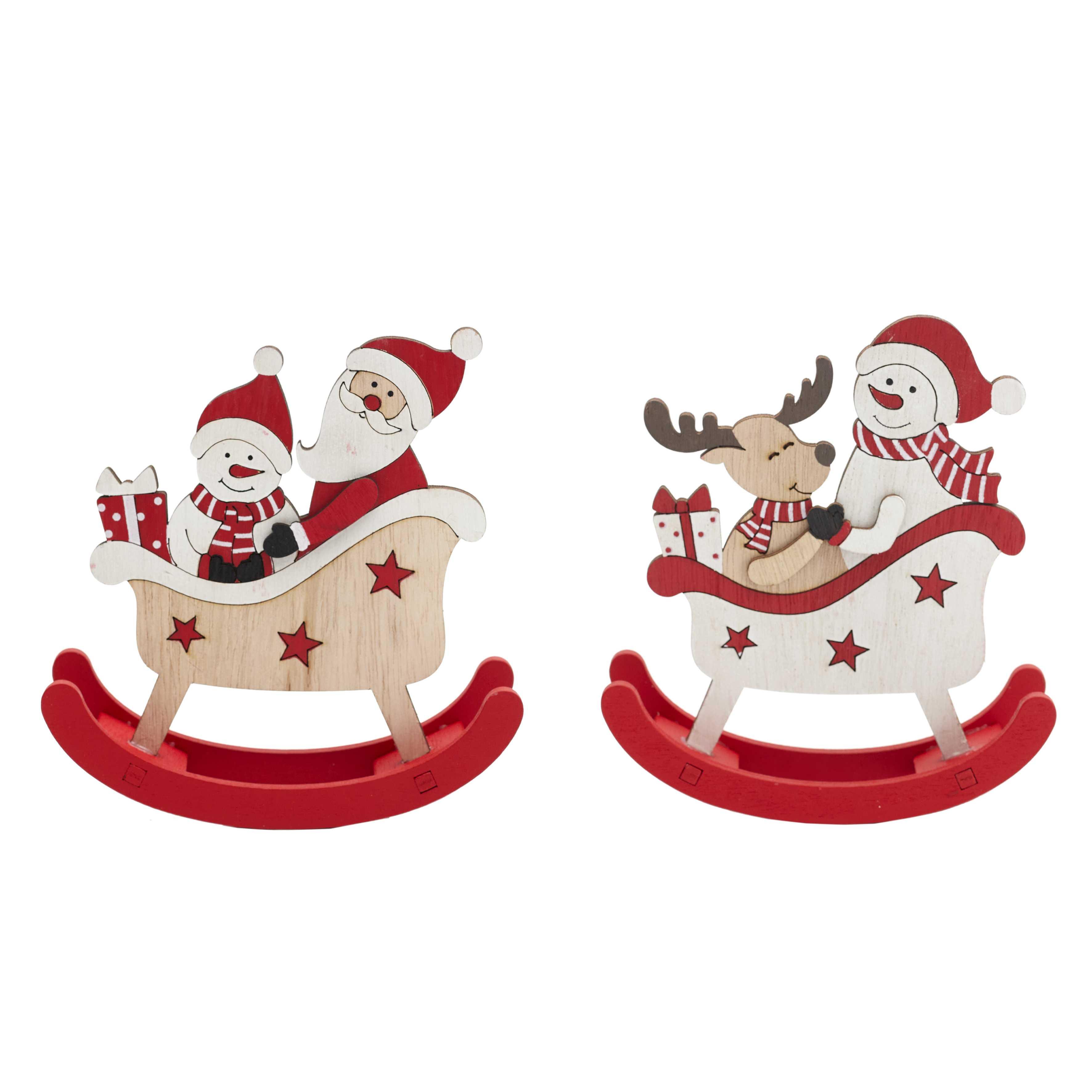 LUGE NOEL A BASCULE ROUGE BLANC ET BOIS 12X14CM