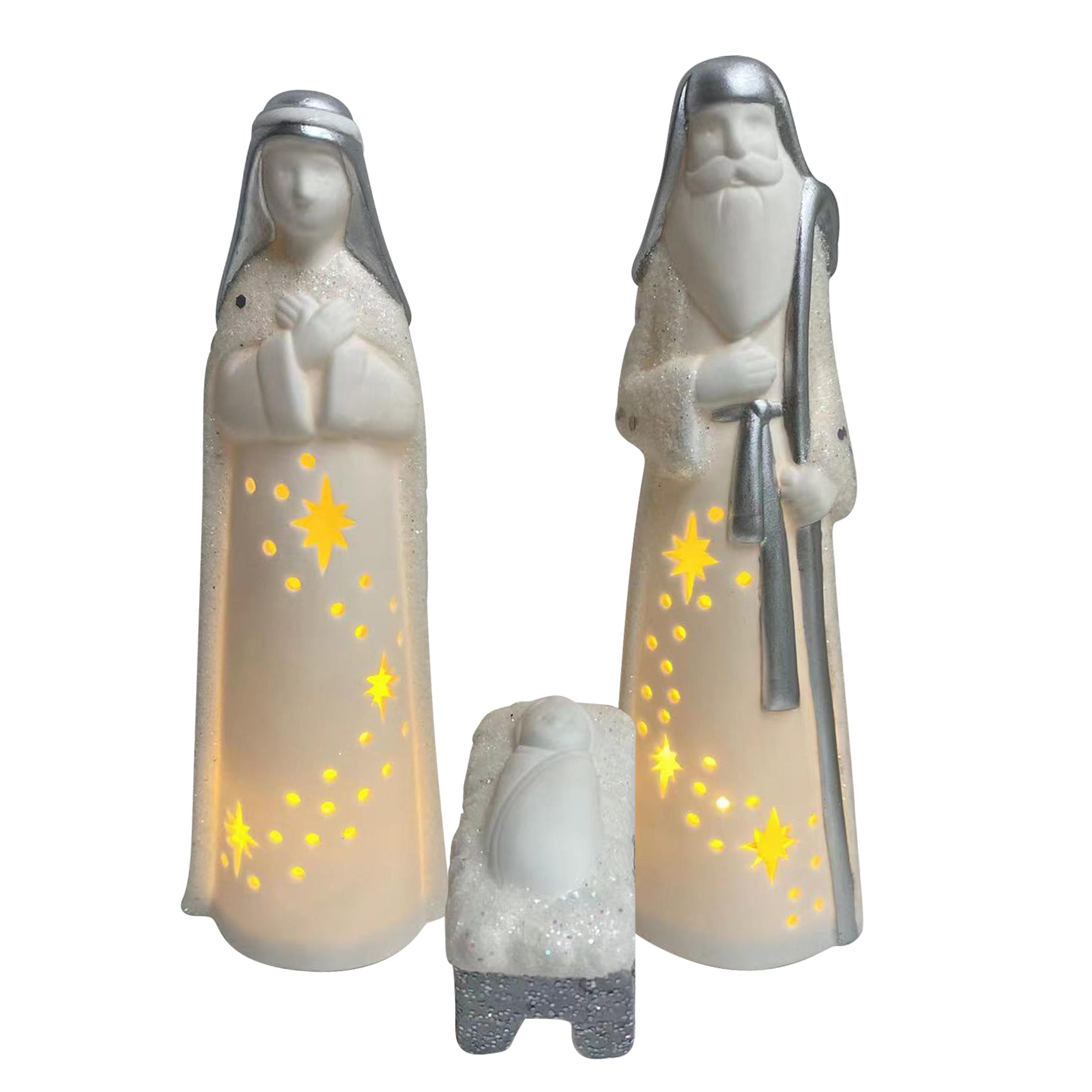 SANTONS LUMINEUX BLANC ET ARGENTE H.19CM X3PIECES