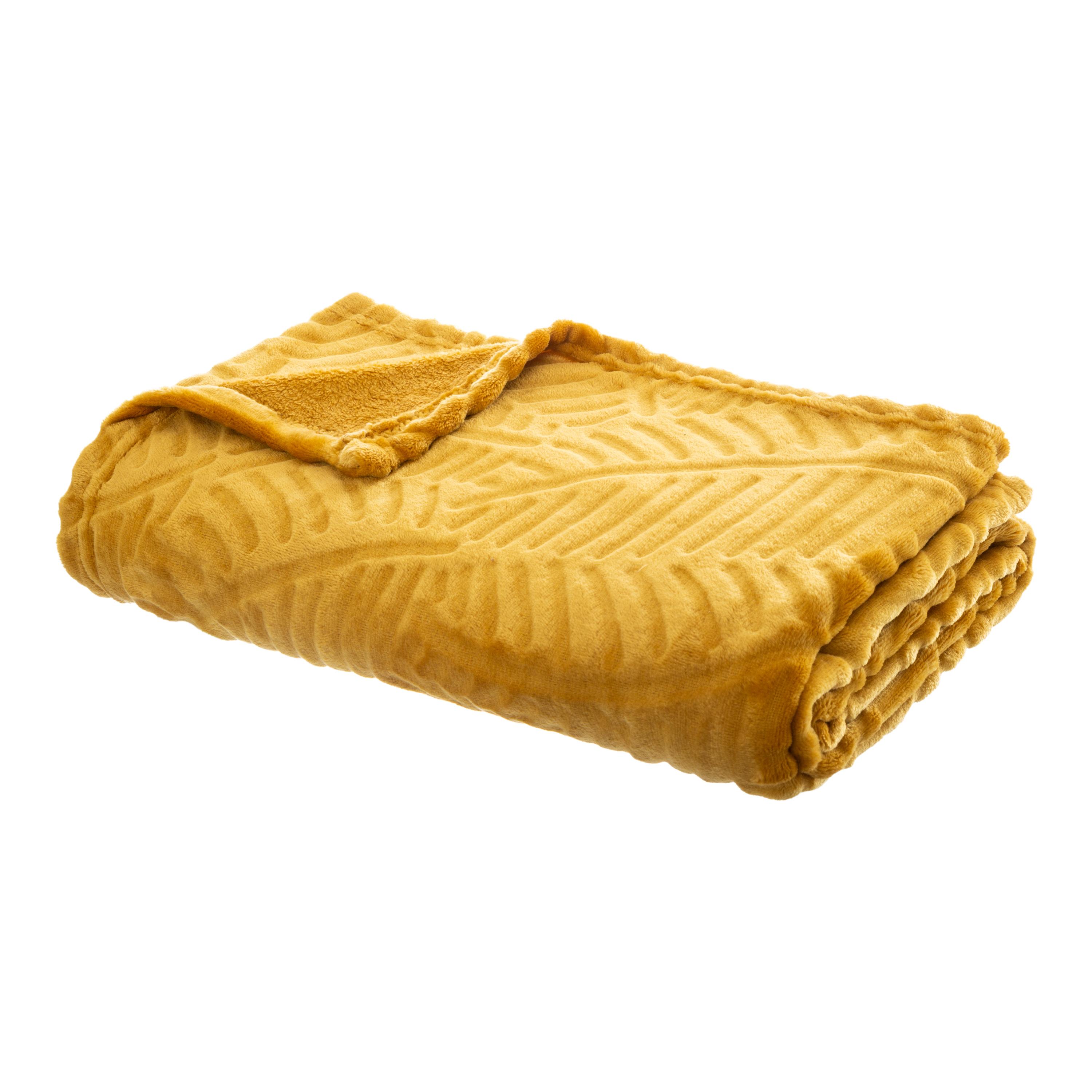 PLAID FLANELLE 3D FEUILLE OCRE 125X150CM