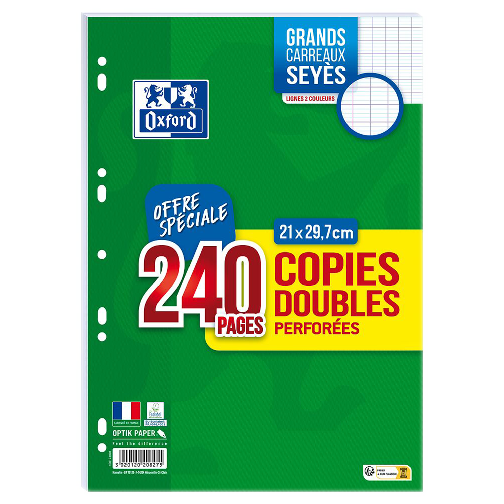 COPIES DOUBLES PERFOREES OXFORD 21X29.7CM X240 PIECES SEYES
