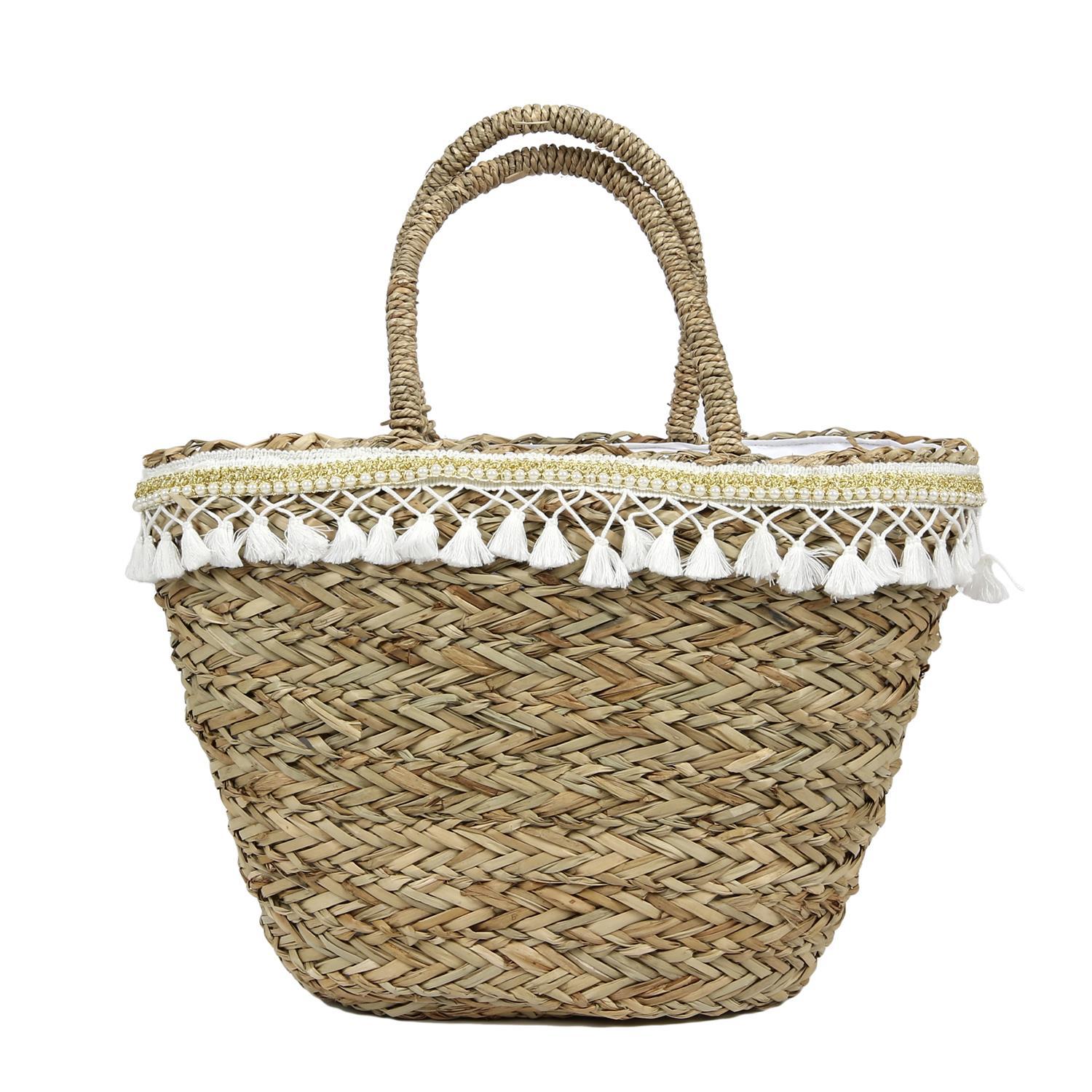 SAC DE PLAGE EN JONC DE MER POMPONS 51X29CM