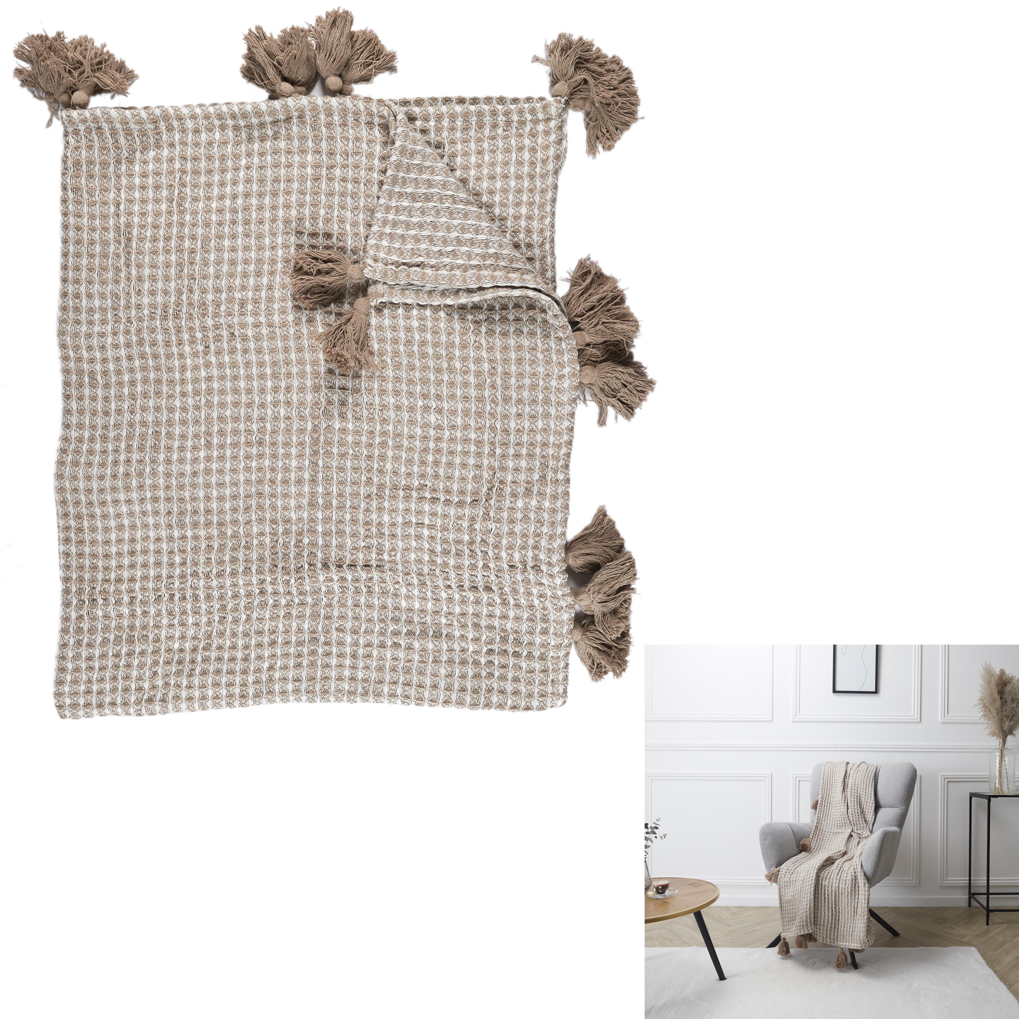 PLAID NID ABEILLE ET POMPONS BEIGE 150X125CM