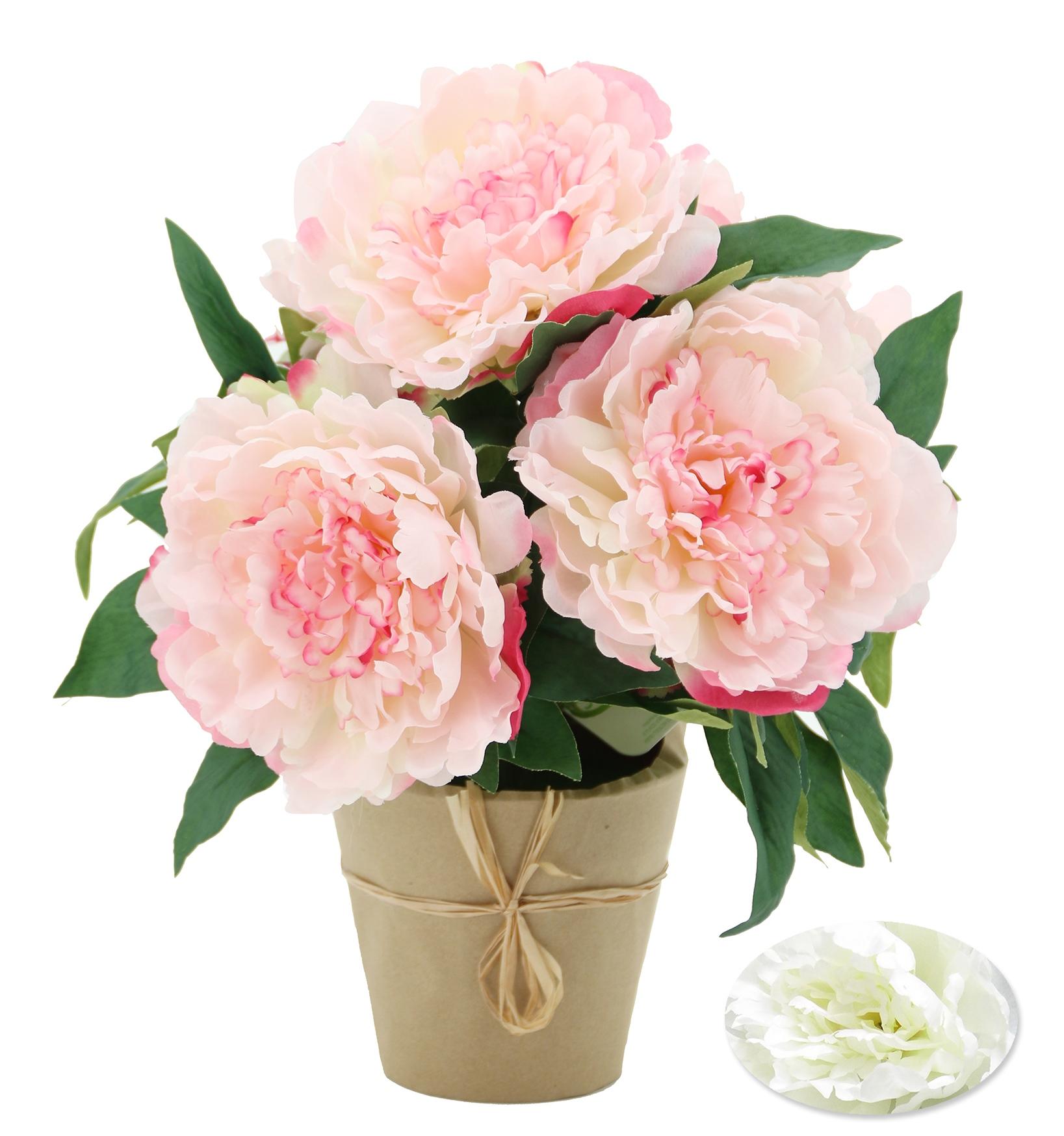 PIVOINES POT TOILE DE JUTE ROSE ET BLANC H.37CM