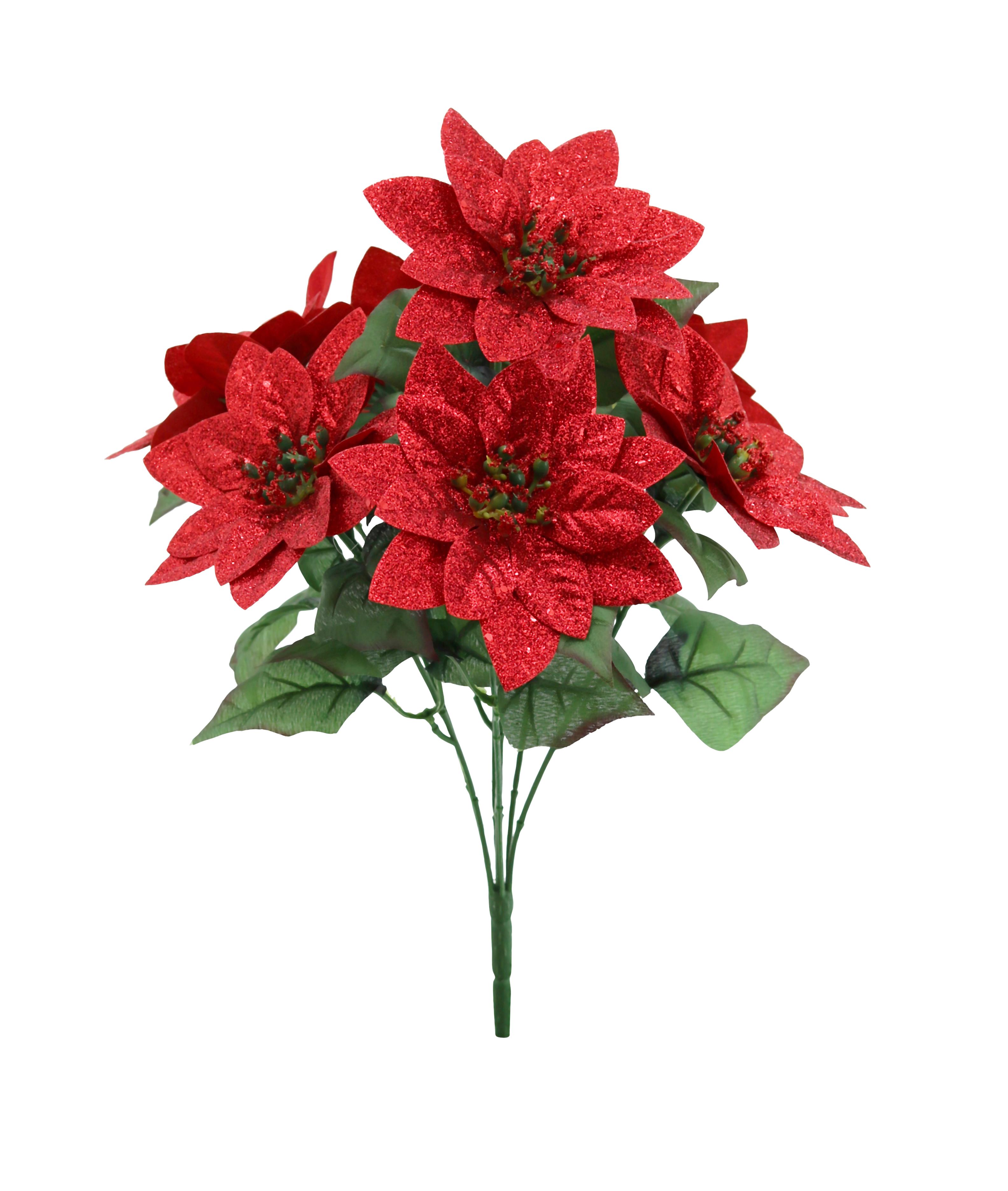 BOUQUET 7 POINSETTIAS PAILLETES H.43CM ROUGE