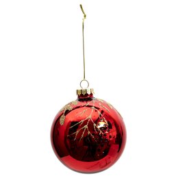BOULE NOEL VERRE ROUGE BRANCHAGE DOREE 8CM