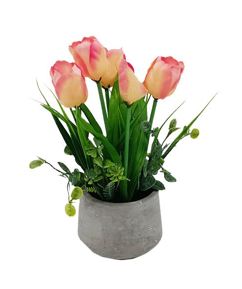 TULIPES POT CIMENT H.24CM ROSE ET ORANGE