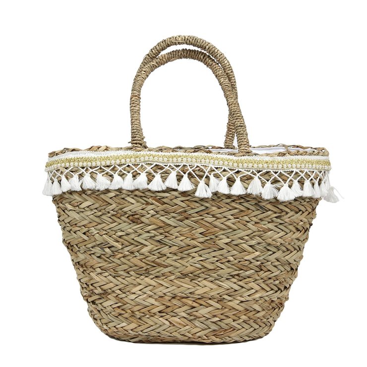 SAC DE PLAGE EN JONC DE MER POMPONS 51X29CM