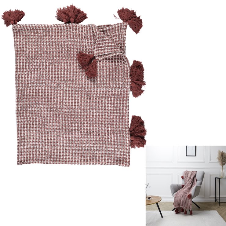 PLAID NID ABEILLE ET POMPONS TERACOTTA 150X125CM