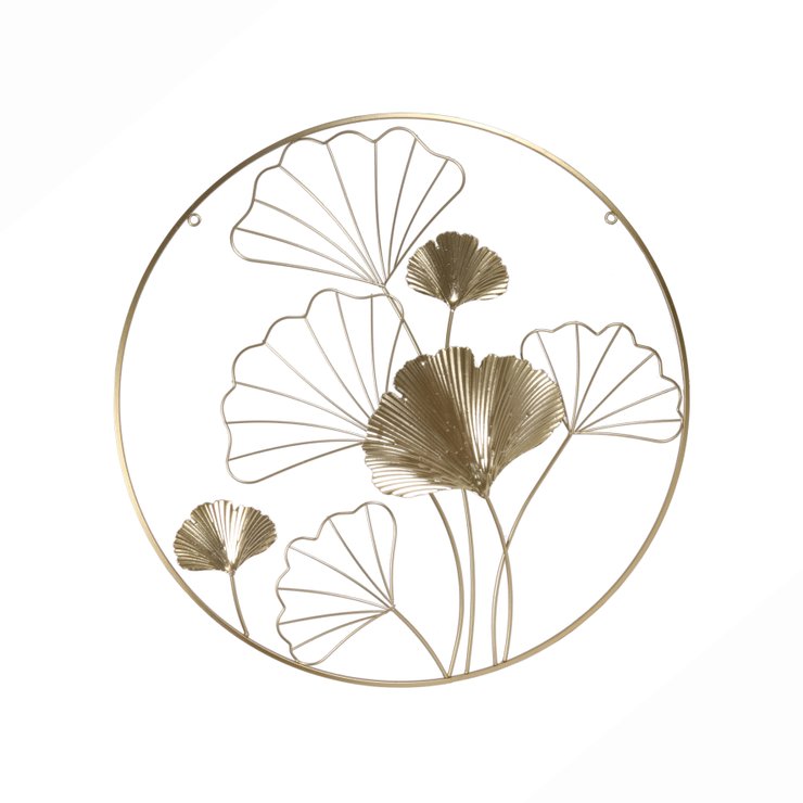 DECORATION MURALE RONDE DOREE FEUILLES GINKGO D.55CM