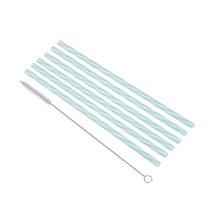 SET 6 PAILLES PLASTIQUE REUTILISABLE MENTHE BLANC ET BROSSE