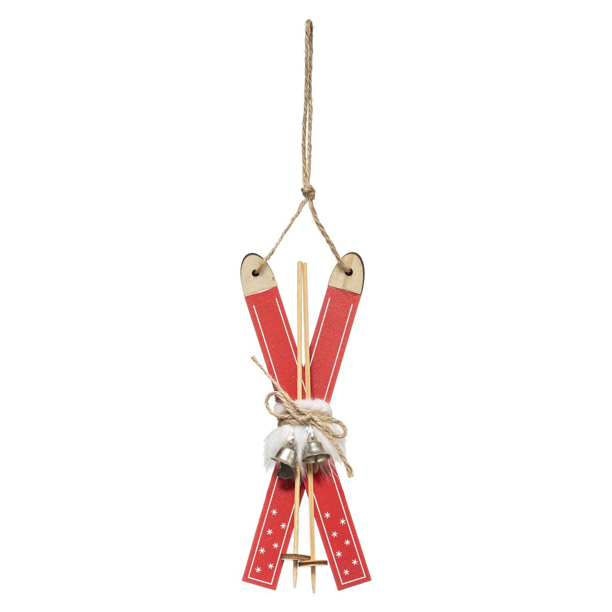 SUSPENSION BOIS SKI ROUGE ET NATUREL 17CM