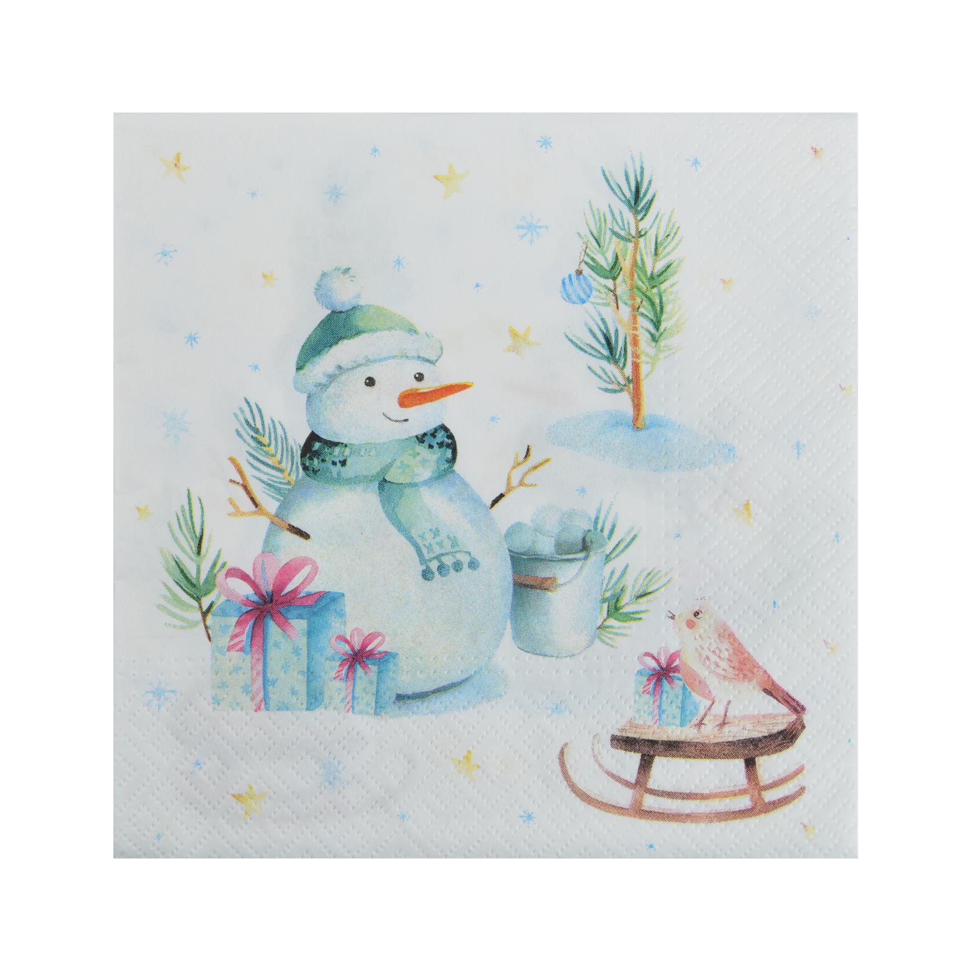 SET 20 SERVIETTES 3 PLIS 33X33CM BONHOMME DE NEIGE ET OISEAU