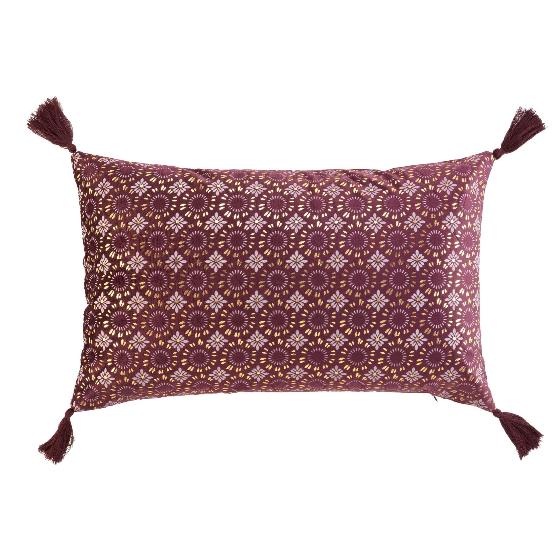 COUSSIN POMPONS 30X50CM VELOURS IMPRIME SILENE BORDEAUX