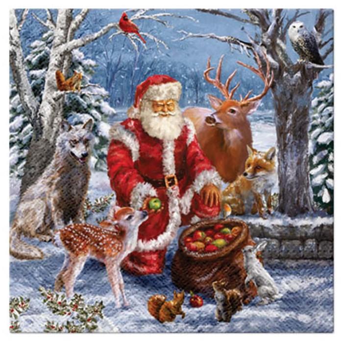 SET 20 SERVIETTES 3 PLIS 33X33CM PERE NOEL ET LES ANIMAUX