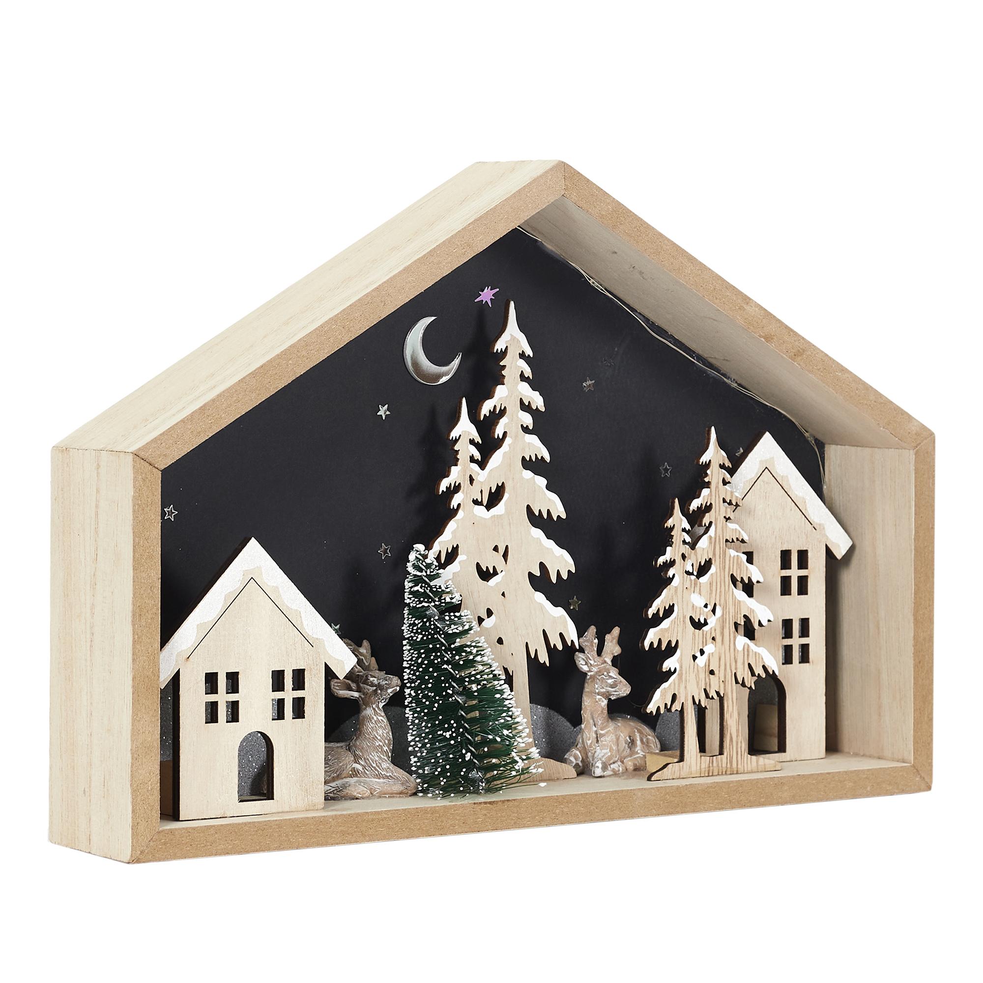 MAISON DECOR BOIS 16XH20CM ET SAPIN AVEC LED