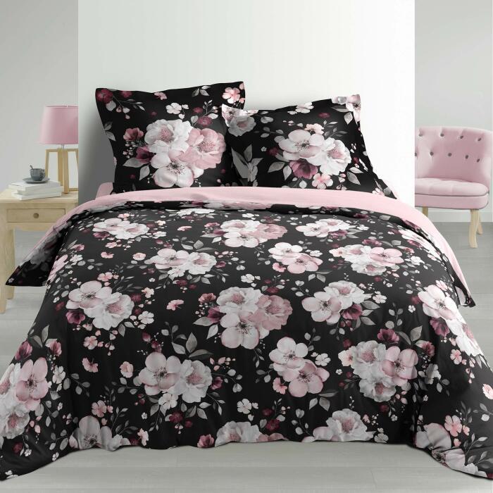 PARURE 3P 240X220 PERCALE 78 FILS ALLOVER VELVET FLOWER NOIR