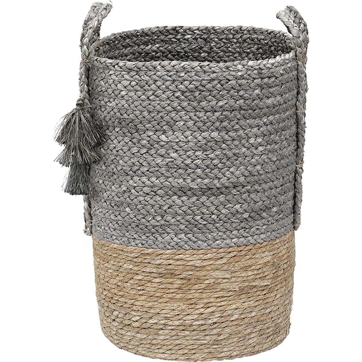 PANIERE MATIERE VEGETALE POMPONS D.33.5X45CM NATUREL GRIS