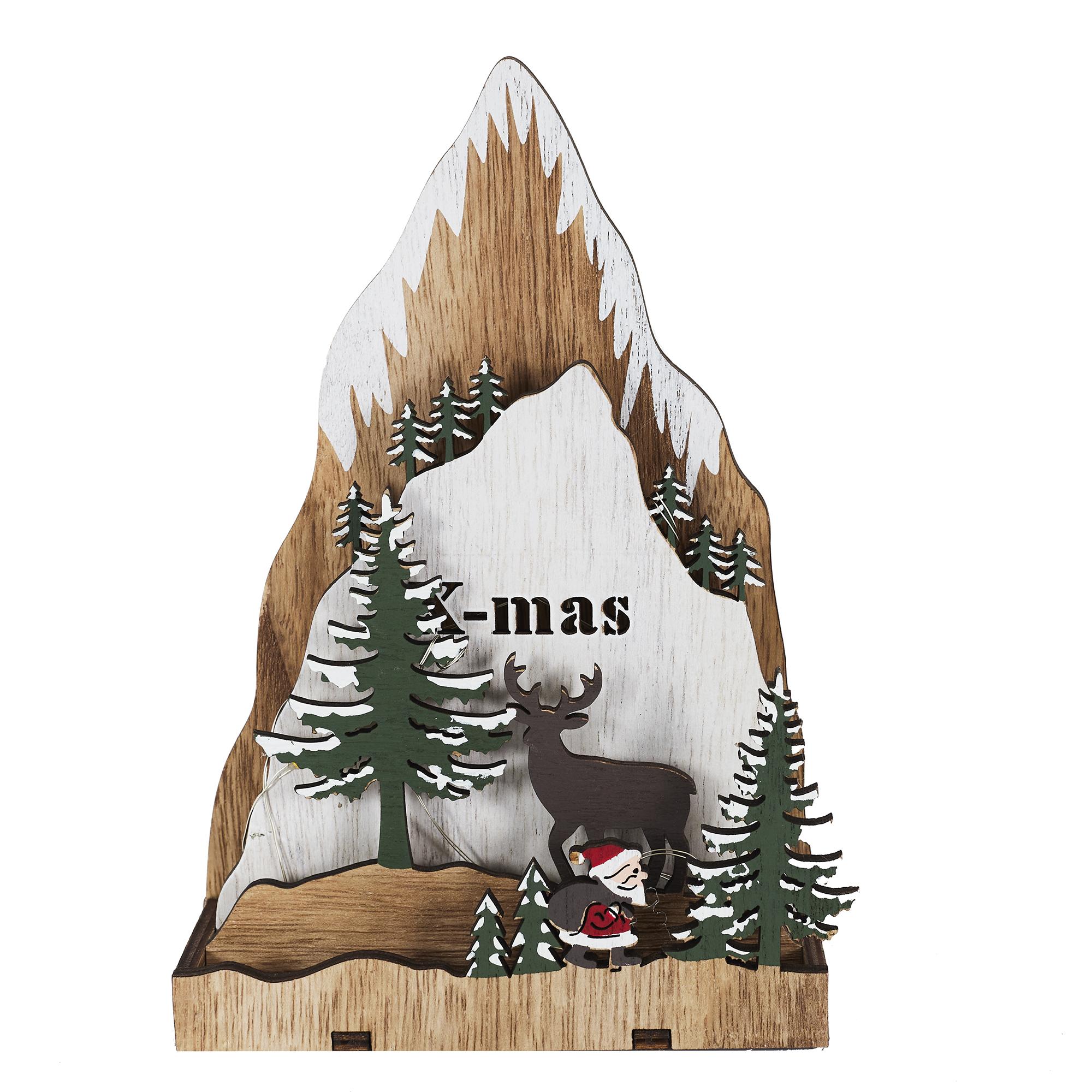 MONTAGNE BOIS AVEC SAPIN CERF ET PERE NOEL