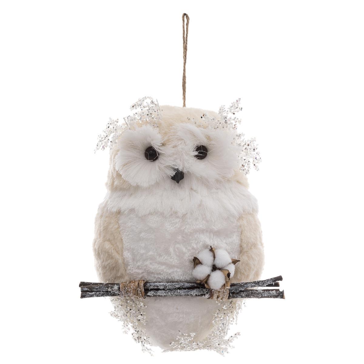 SUSPENSION HIBOU BLANC SUR BRANCHE H.50CM
