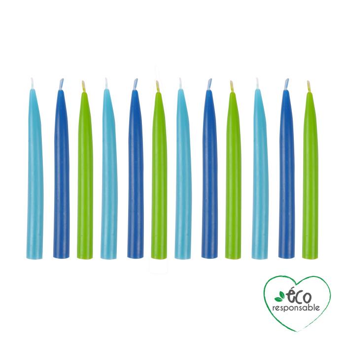 SET 12 BOUGIES ANNIVERSAIRE CIRE ABEILLE H.9CM BLEU VERT