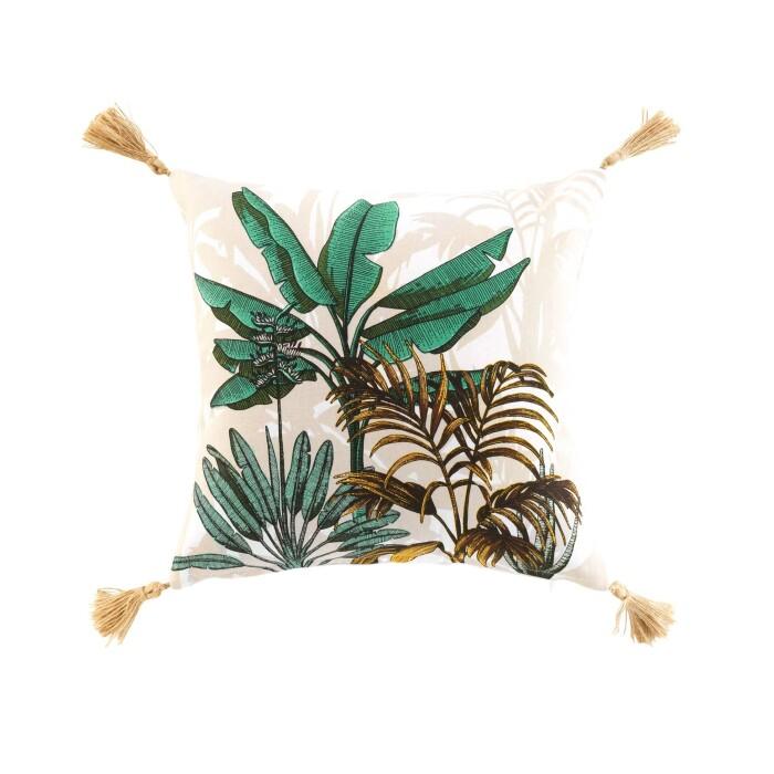 COUSSIN POMPONS 40X40CM IMPRIME BALINESIA