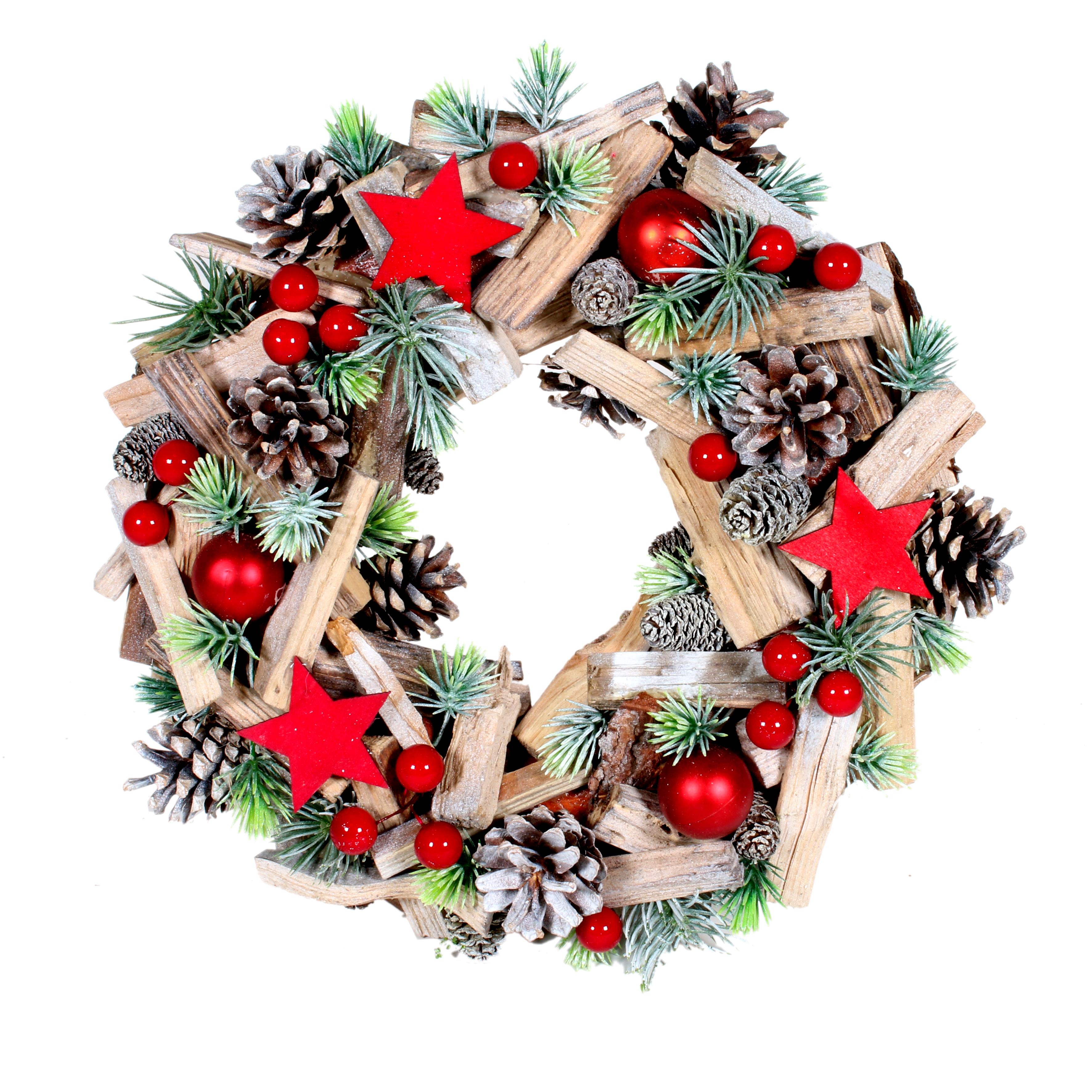 COURONNE DE NOEL VERT ROUGE ET BOIS 29CM
