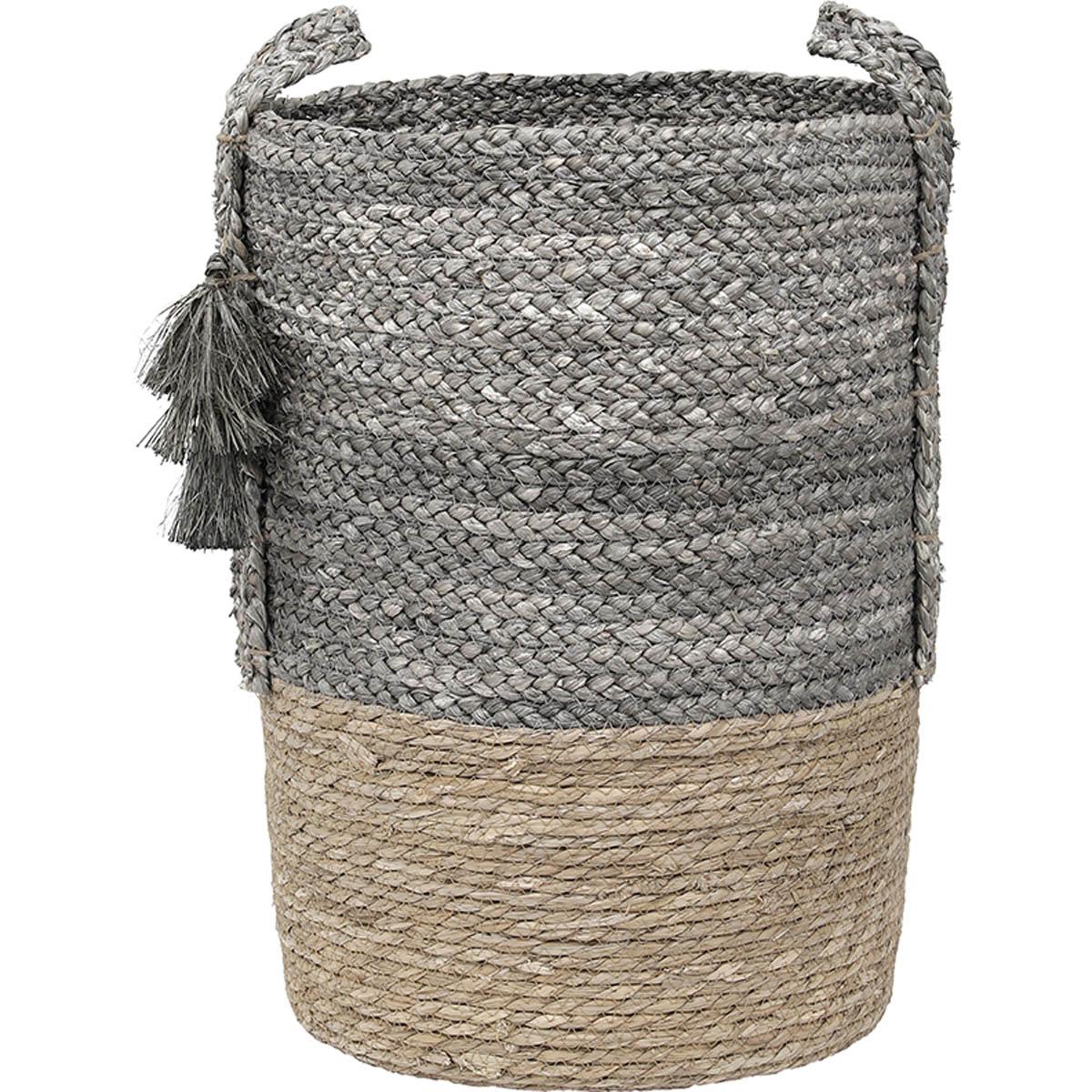 PANIERE MATIERE VEGETALE POMPONS D.37X50CM NATUREL GRIS