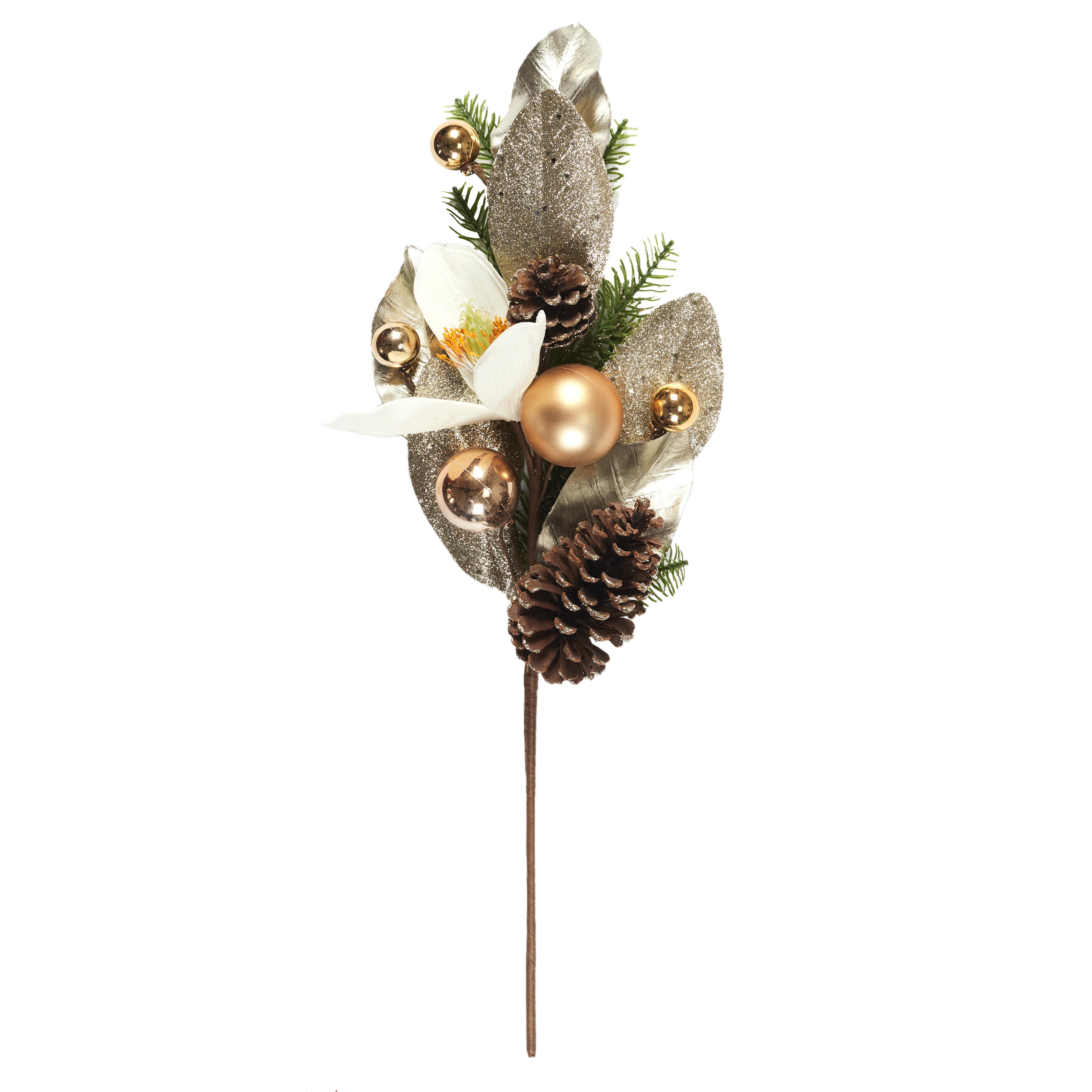 TIGE FEUILLES DOREES BOULES ET POMMES DE PIN H.60CM