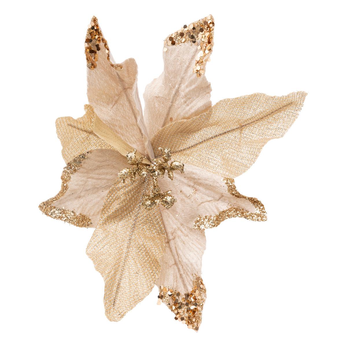 SUJET DE NOEL POINSETTIA PAILLETTE CHAMPAGNE H.23CM
