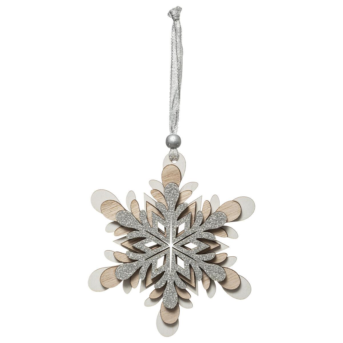 SUSPENSION BOIS FLOCON ARGENT NATUREL 12CM