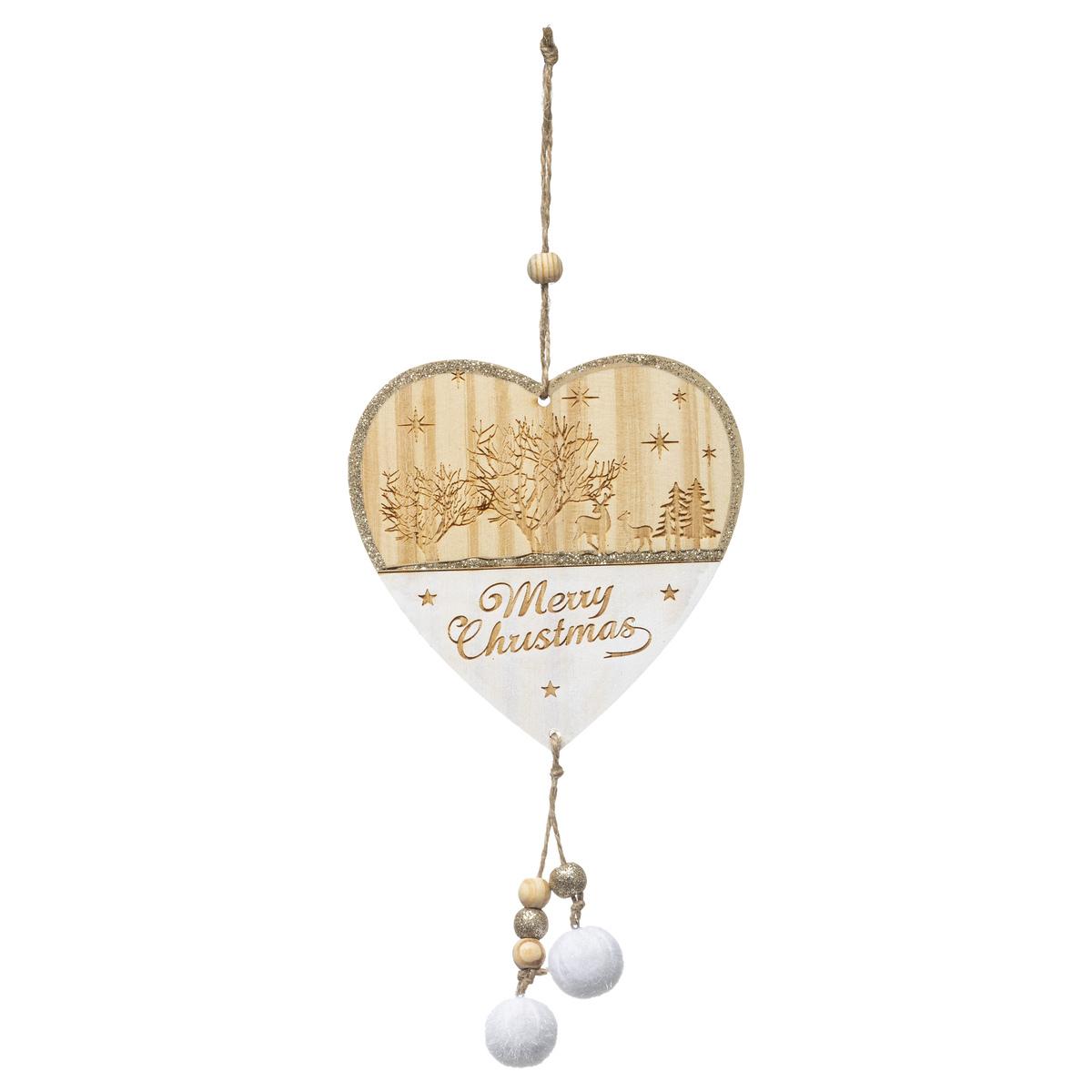 SUSPENSION BOIS COEUR BLANC POMPON