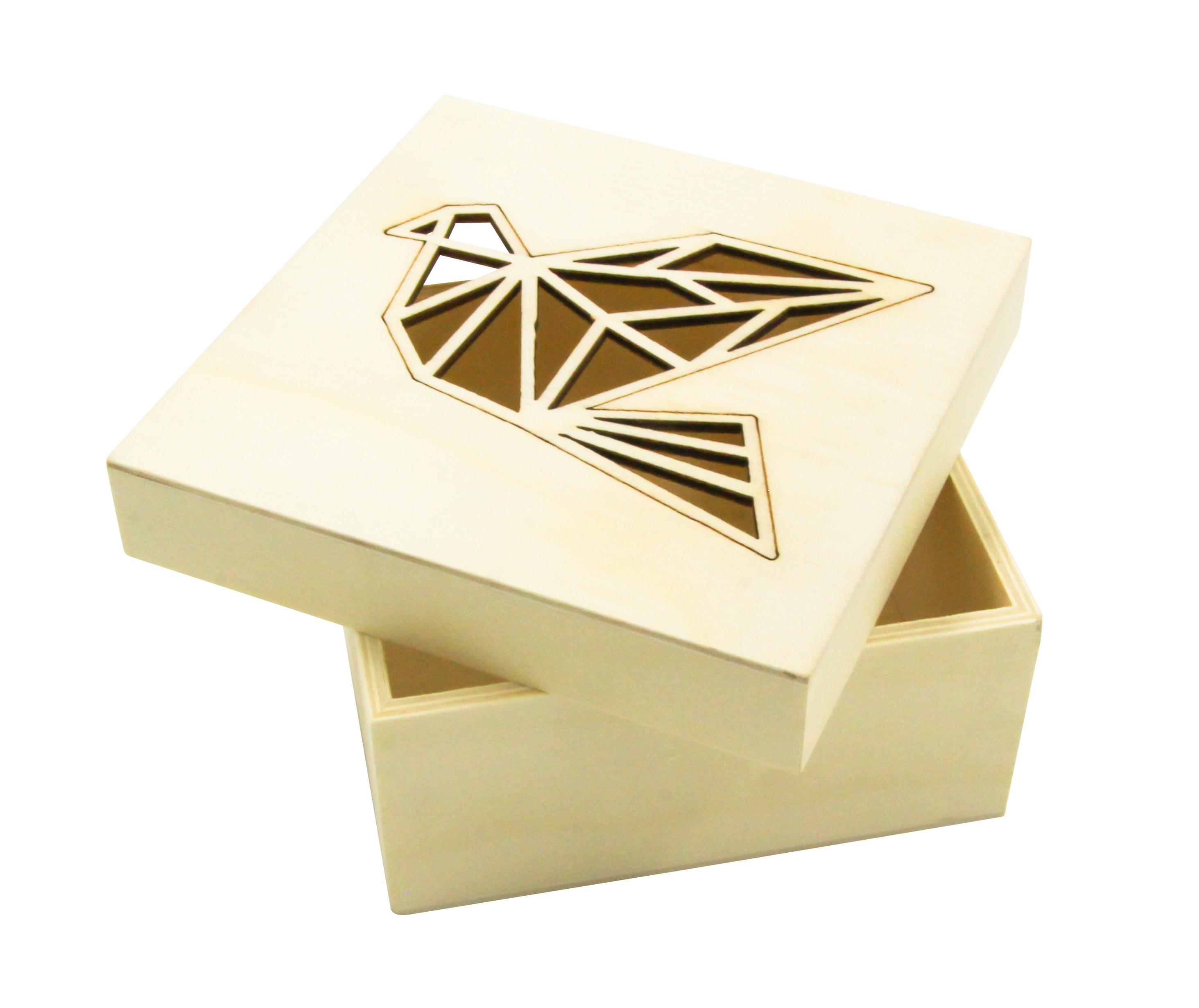 BOITE EN BOIS DECOUPE ORIGAMI OISEAU 11.3 X 11.3 X 5CM