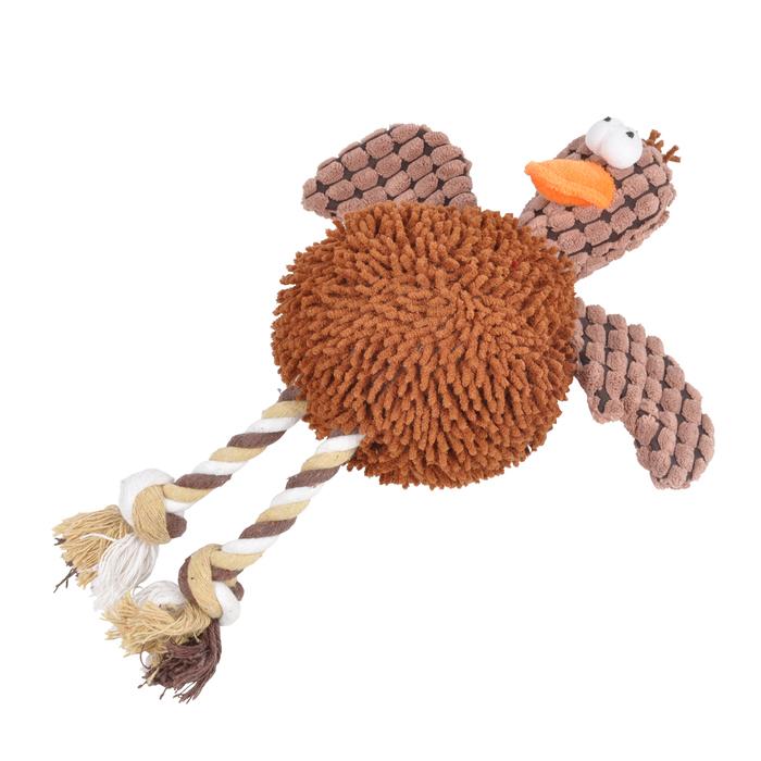 JOUET PELUCHE CANARD ET CORDE SONORE 28CM BRUN