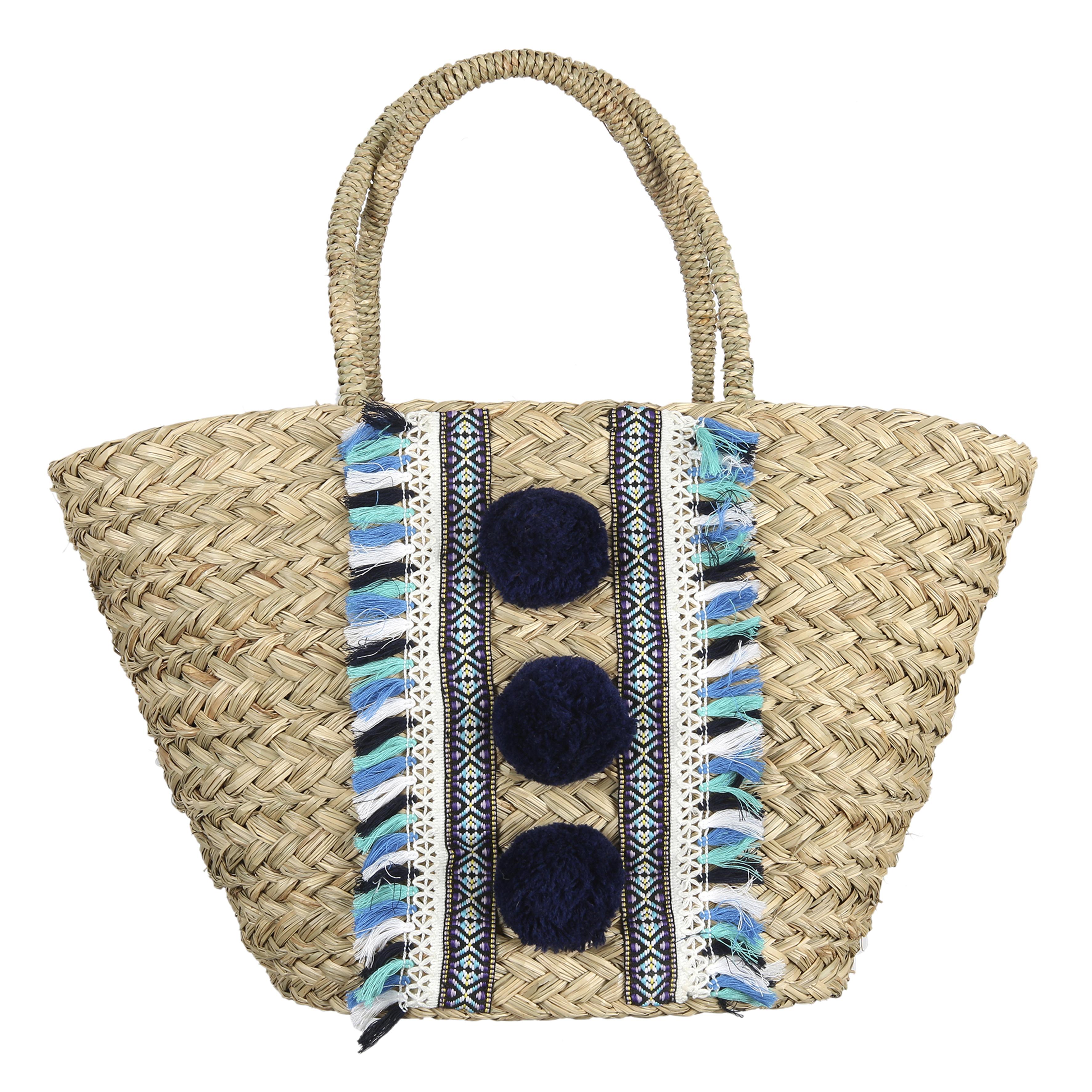 SAC DE PLAGE POMPOMS BLEUS 52X20X30CM