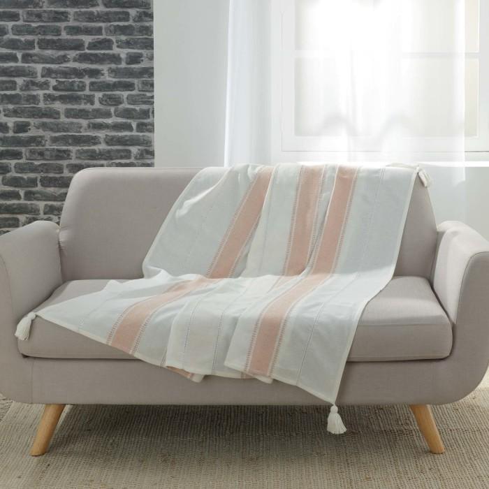 PLAID A POMPONS 125X150CM COTON TISSE FILS ARG INDIRA ROSE