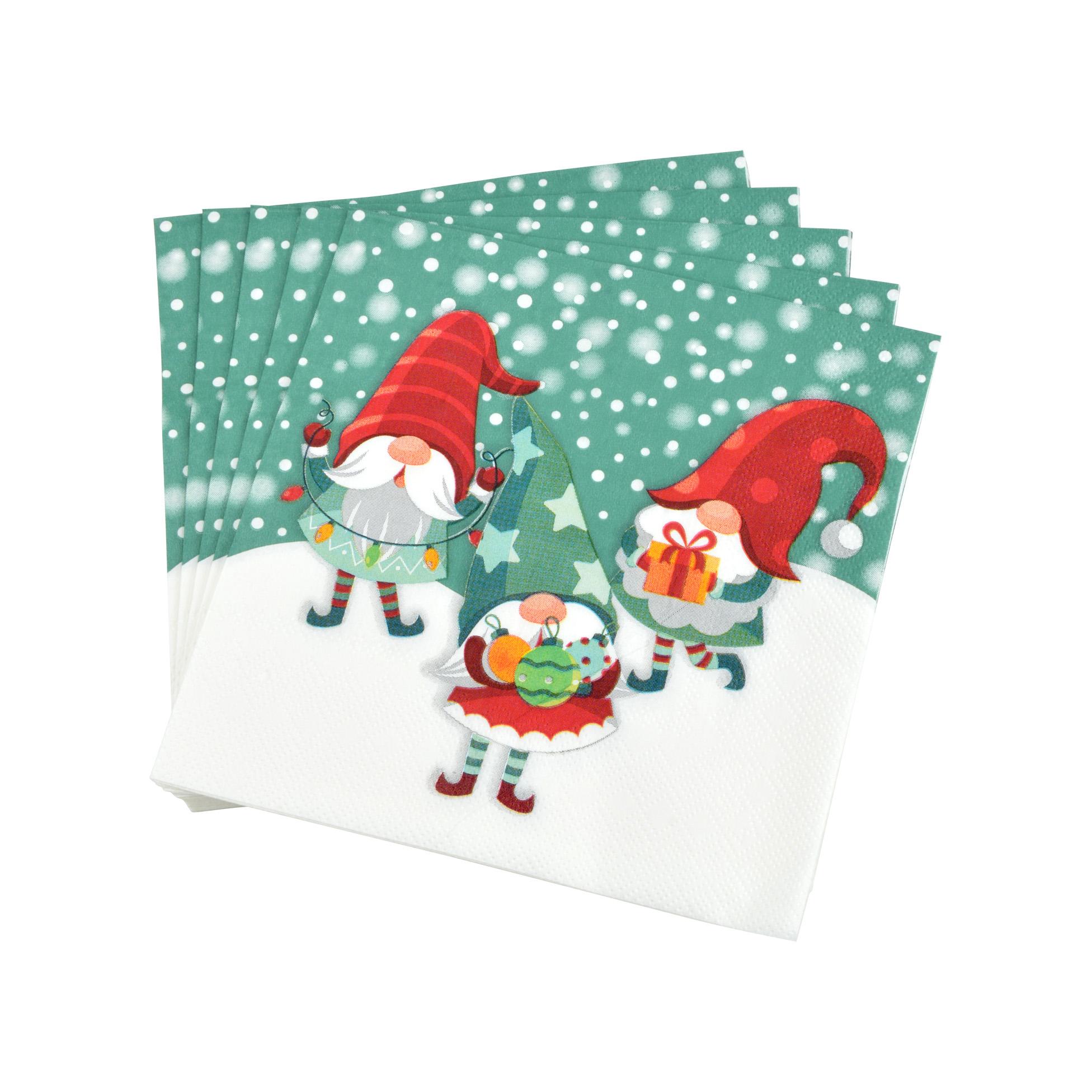 SET 20 SERVIETTES IMPRIMEES NOEL DECOR GNOMES 33X33CM