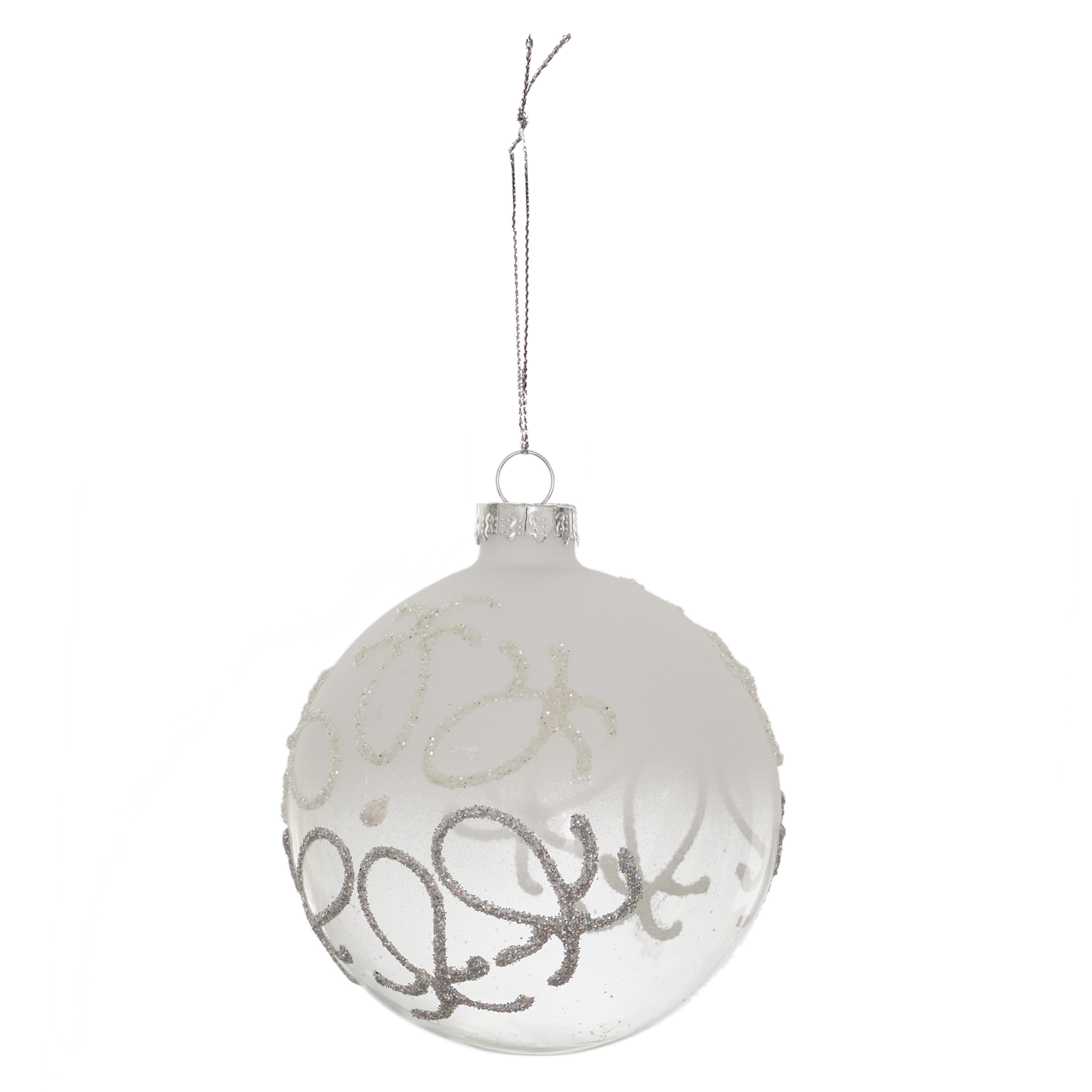 BOULE EN VERRE FUME BLANC AVEC ORNEMENTS 8CM