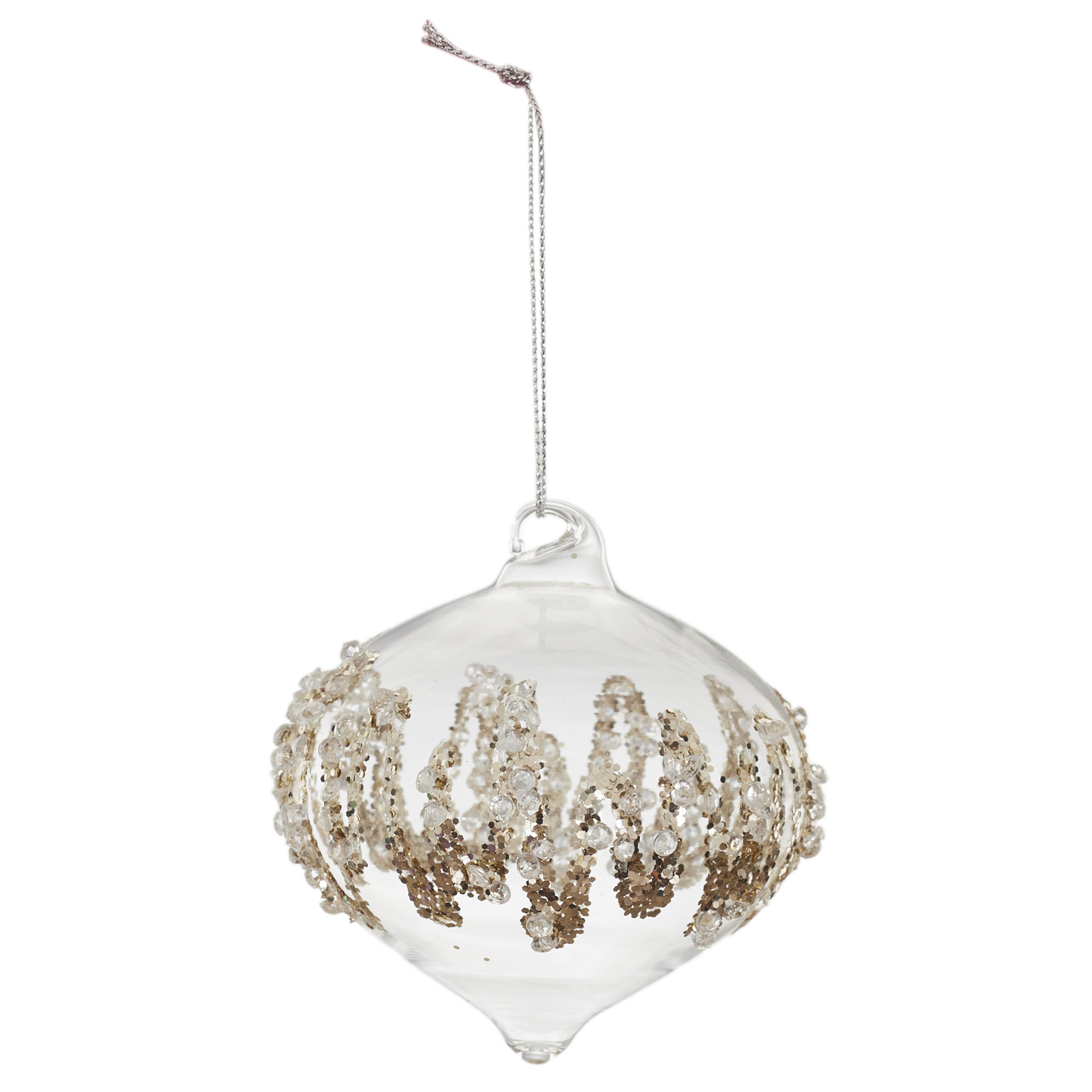 BOULE EN VERRE OIGNON PAILLETTES ET PERLES 8CM