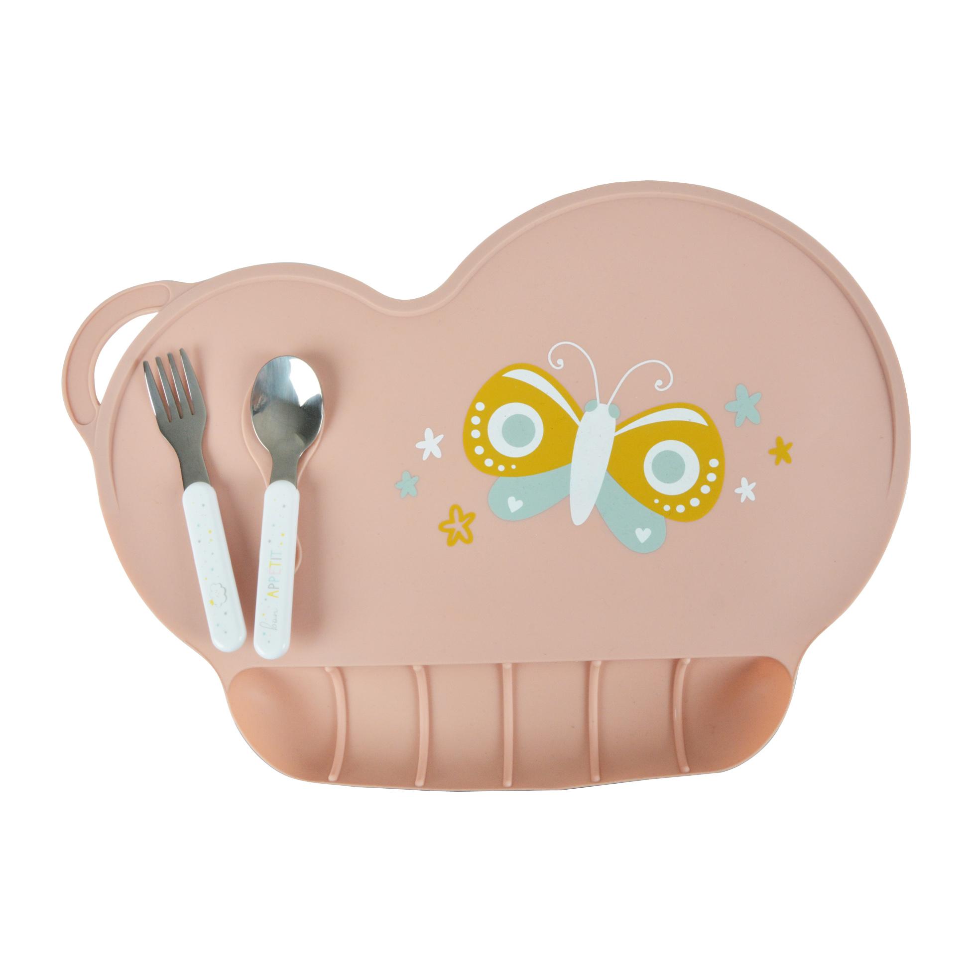 Couverts Bébé Interbaby - Cuillère Et Fourchette En Silicone Rose, Sans BPA