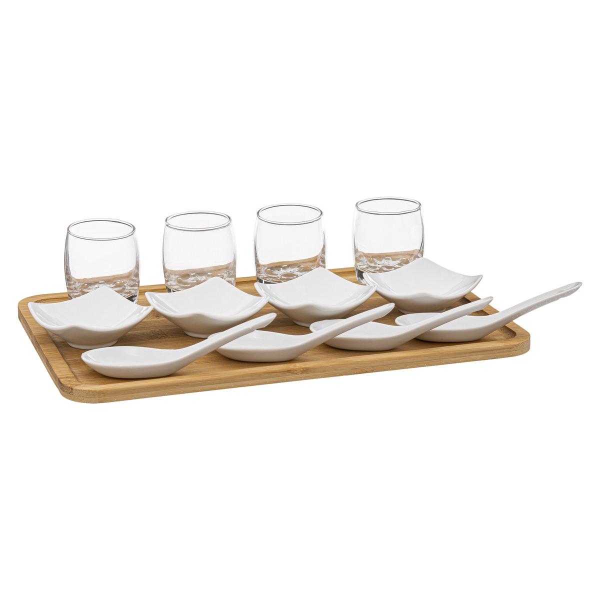 Set apéro avec 3 coupelles et support en bambou + porcelaine - L