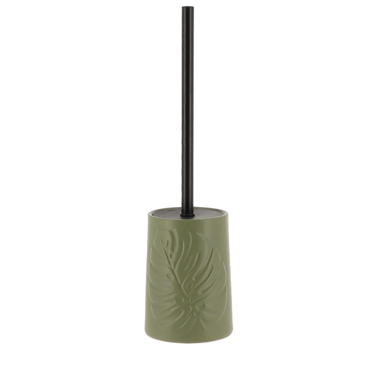 BROSSE WC GRES RONDE DECOR FEUILLE KAKI