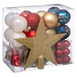 BOULE DE NOEL KIT 44 PIECES DORE ROUGE BLEU BLANC