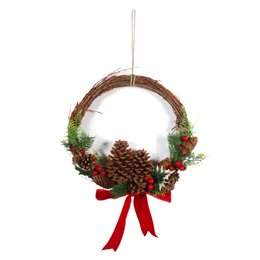 COURONNE BOIS POMMES DE PIN ET RUBAN 32X35CM