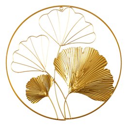 DECORATION MURALE RONDE DOREE FEUILLES GINKGO D.33CM