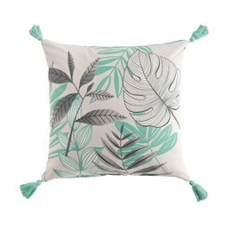 COUSSIN POMPONS 45X45CM COTON IMPRIME JARDIN SECRET SAUGE