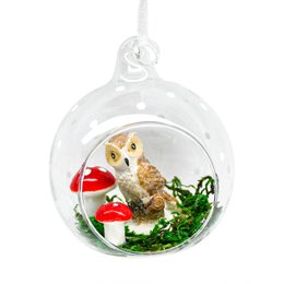 BOULE OUVERTE EN VERRE CHOUETTE ET CHAMPIGNONS 8CM