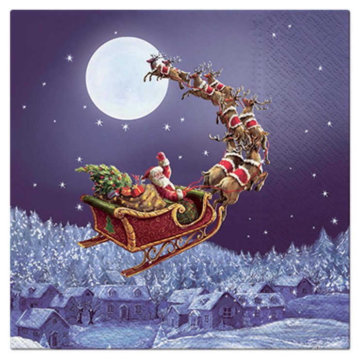 SET 20 SERVIETTES 3 PLIS 33X33CM PERE NOEL ET SON TRAINEAU