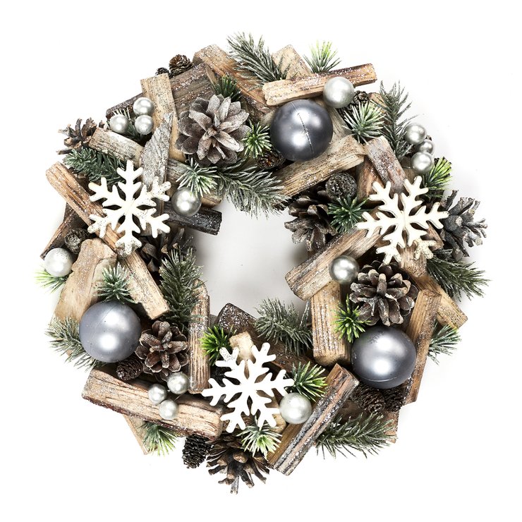 COURONNE DE NOEL PERLES ET FLOCONS 28CM