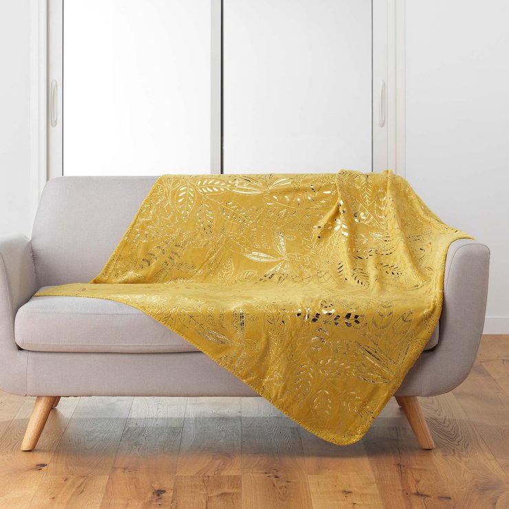 PLAID 125X150CM FLANELLE METALLISEE BELFLOR JAUNE OR