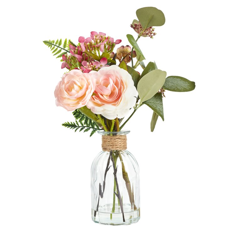 PLANTE ARTIFICIELLE ROSE VASE VERRE ET CORDE